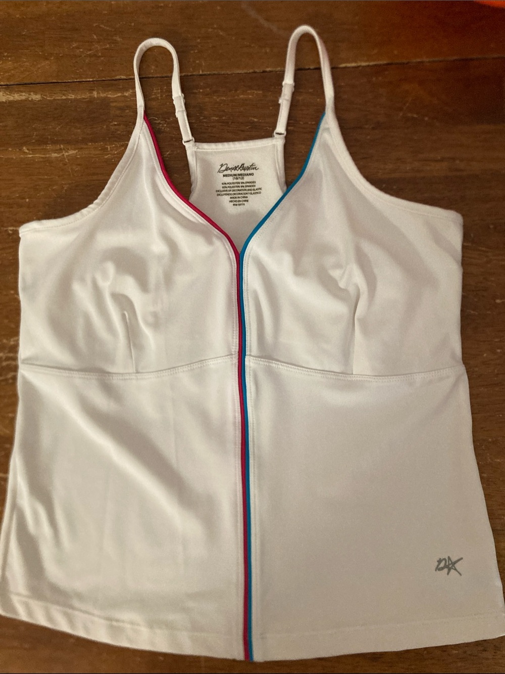Denise Austin active White Tank Top with Pink & Blue Trim, built in bra size M